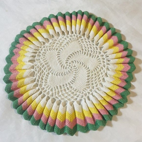 Handmade Crocheted Doily Pink Green Yellow White Ruffled 11” Vintage - Picture 4 of 9